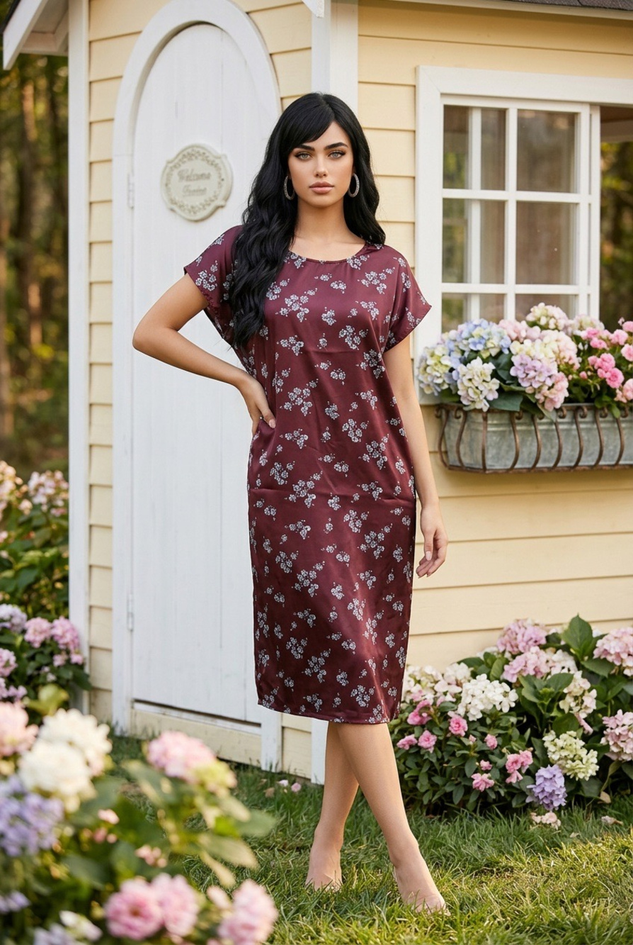 A New Day Floral Midi Dress Burgundy 2X Cap Sleeve